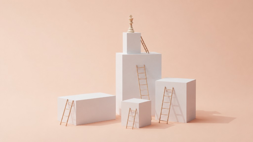 White geometric blocks with wooden ladders and a chess king on a warm peach background